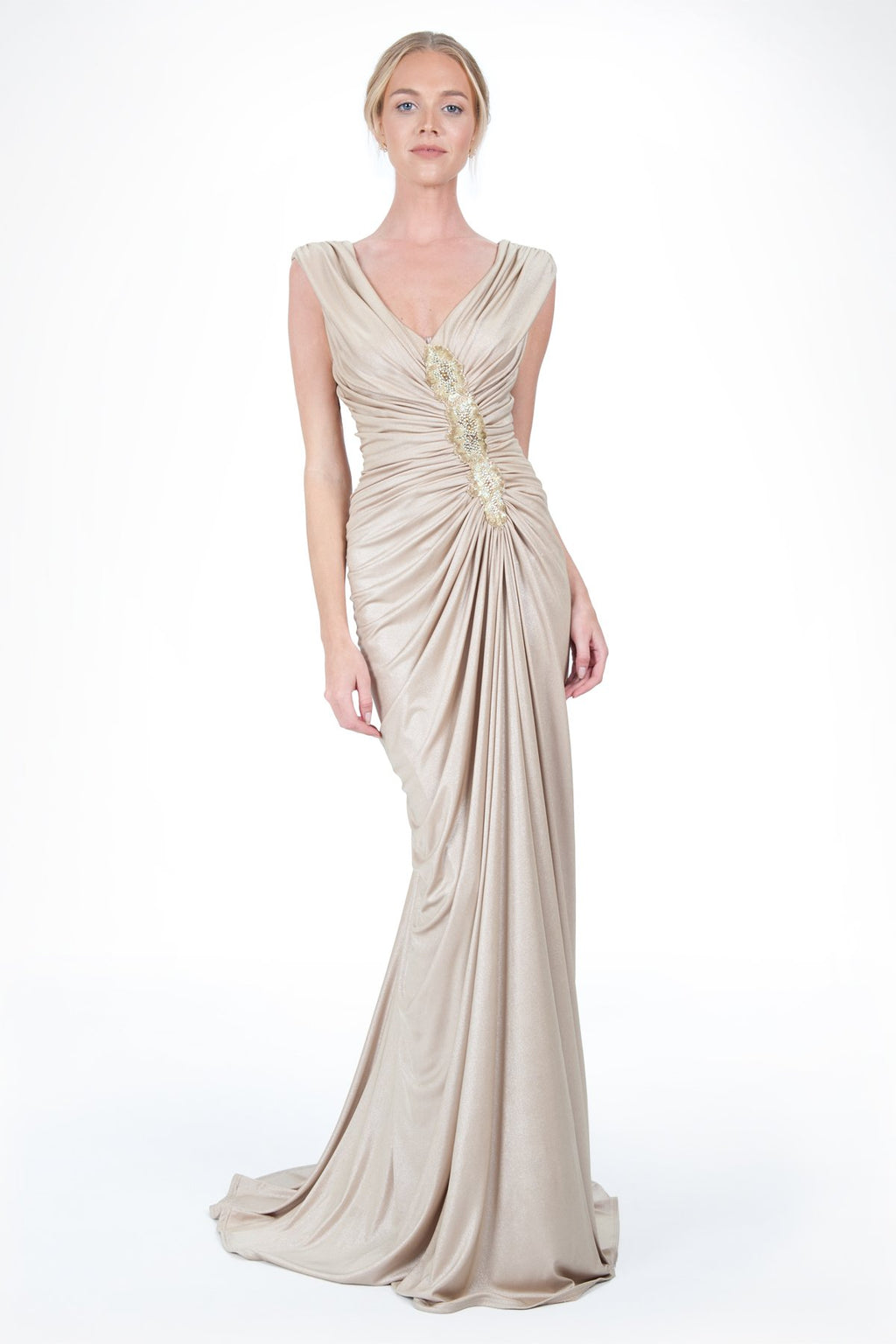 Draped Metallic Jersey Gown in Champagne
