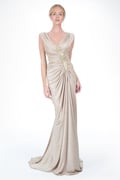 Draped Metallic Jersey Gown in Champagne