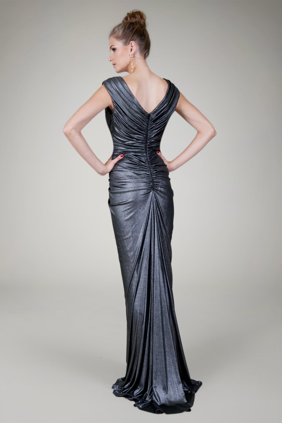 Draped Metallic Jersey Gown in Shadow