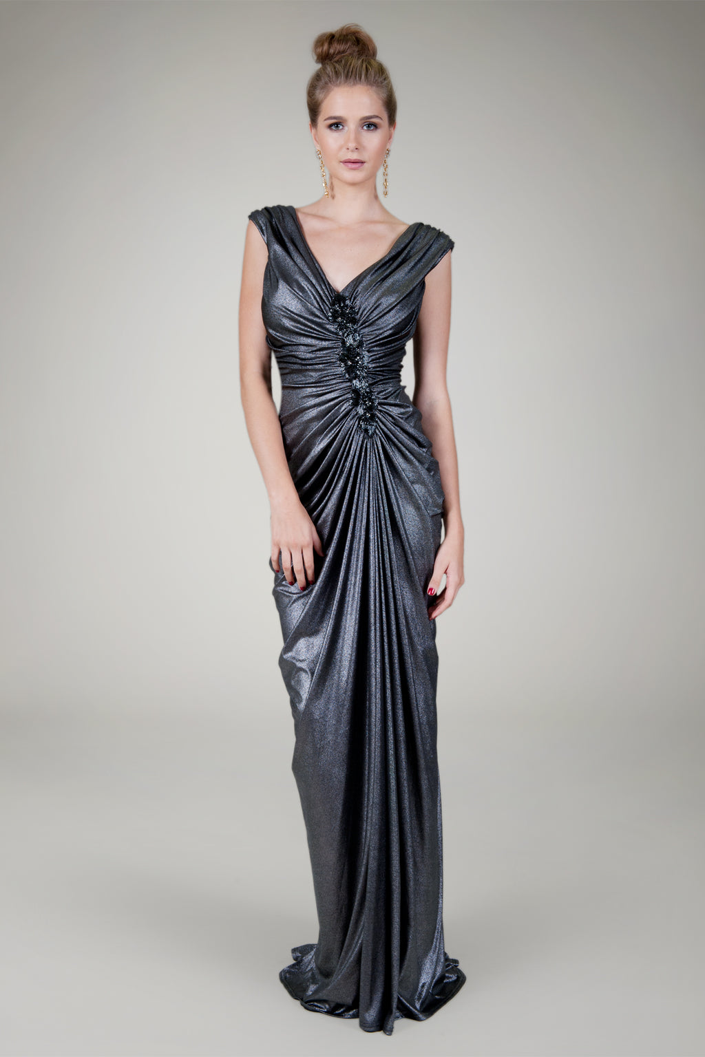 Draped Metallic Jersey Gown in Shadow
