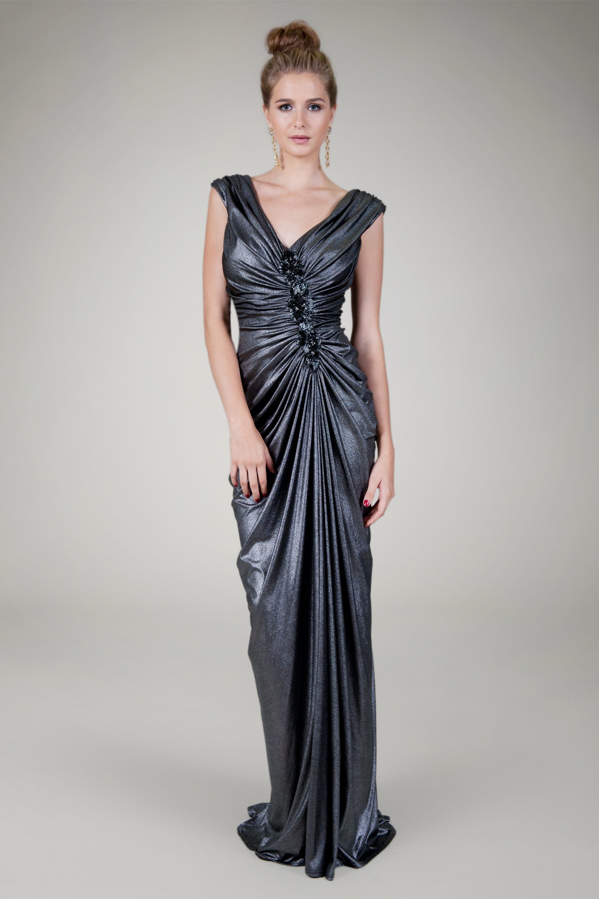 Draped Metallic Jersey Gown in Shadow
