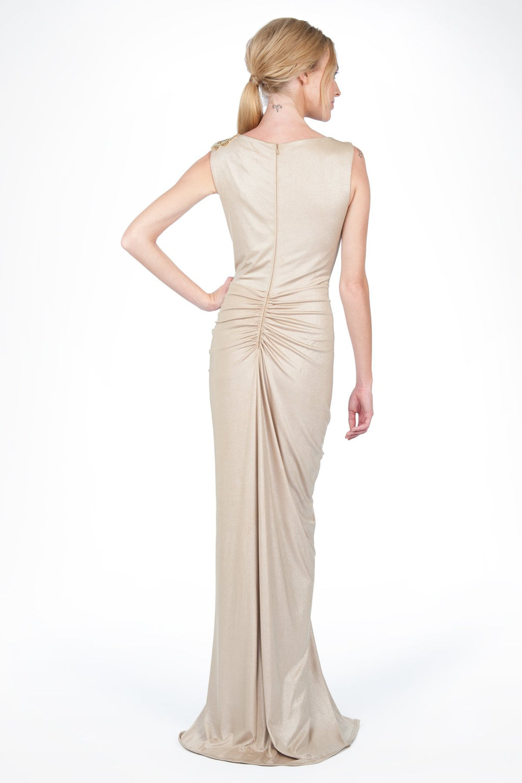 Metallic Jersey Gown with Beaded Shoulder Applique in Champagne