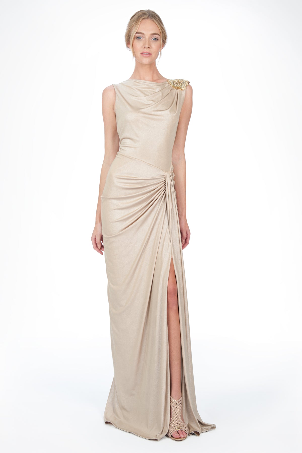Metallic Jersey Gown with Beaded Shoulder Applique in Champagne