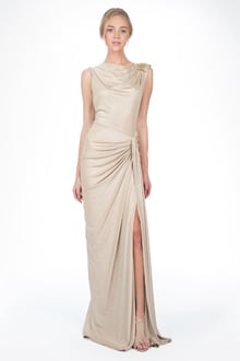 Metallic Jersey Gown with Beaded Shoulder Applique in Champagne