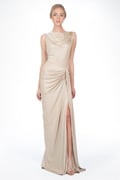Metallic Jersey Gown with Beaded Shoulder Applique in Champagne