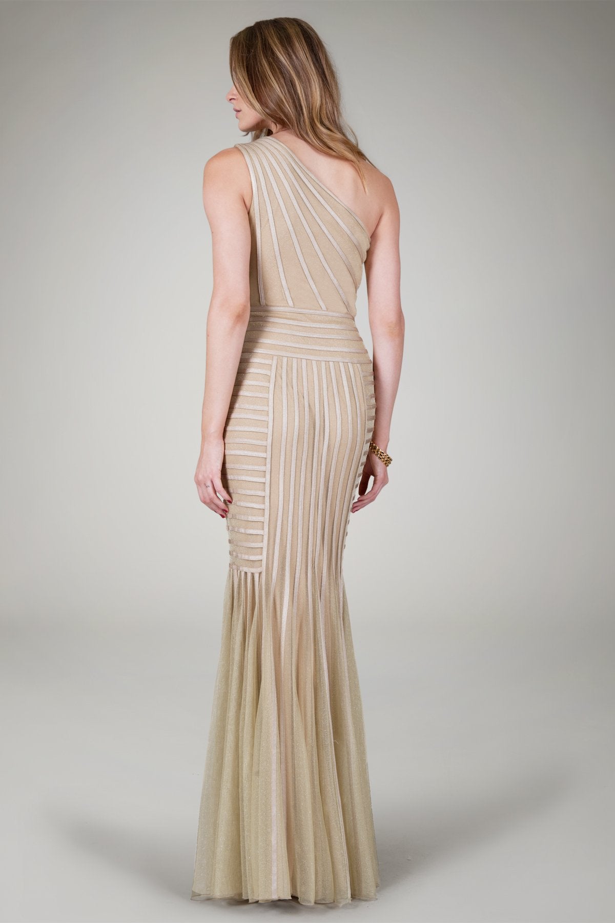 One Shoulder Metallic Gown in Champagne