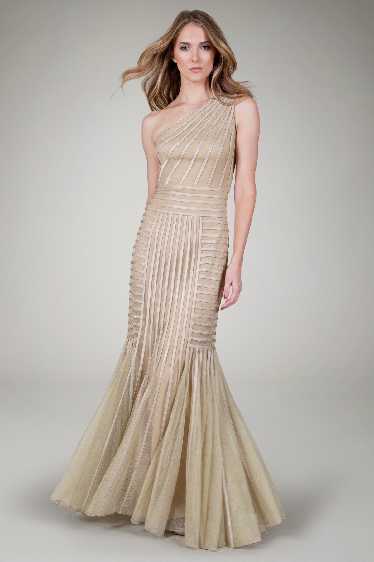 One Shoulder Metallic Gown in Champagne