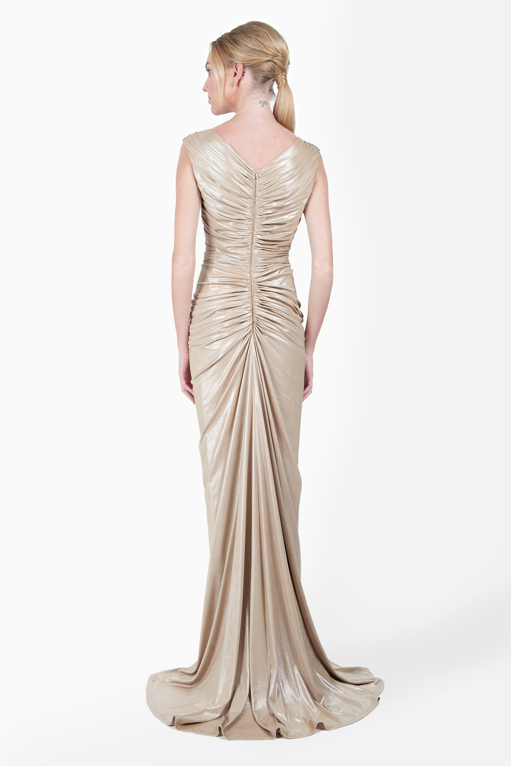 Metallic Jersey Draped Gown with Rhinestone Tulle Detail in Champagne