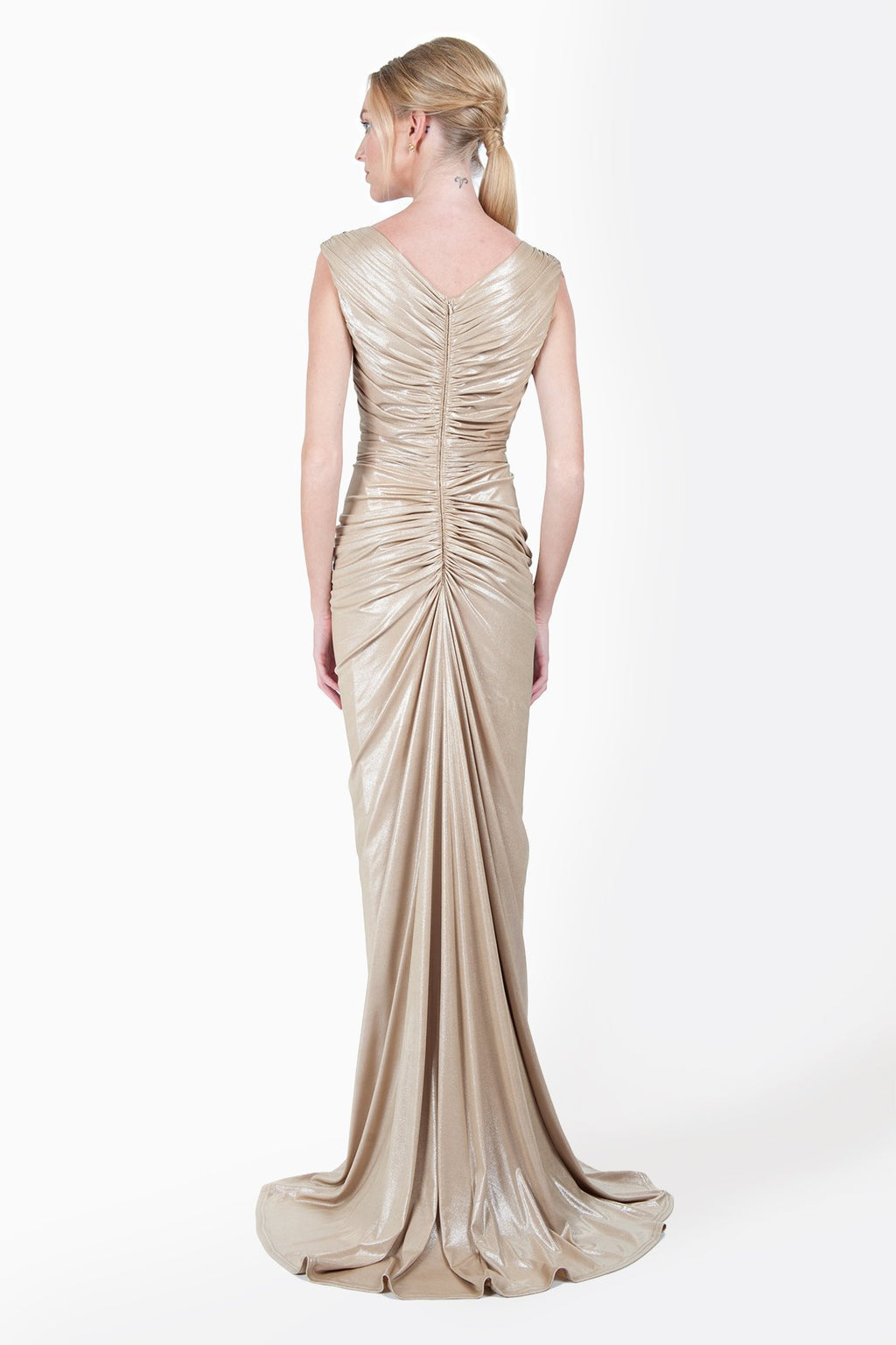 Metallic Jersey Draped Gown with Rhinestone Tulle Detail in Ice