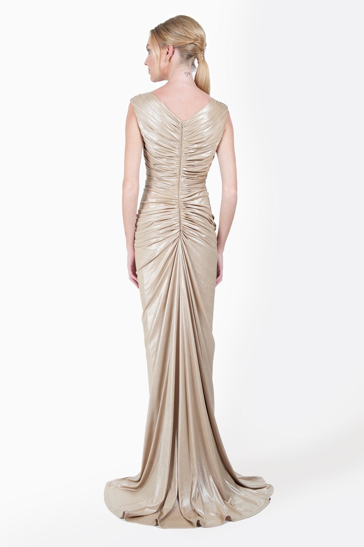 Metallic Jersey Draped Gown with Rhinestone Tulle Detail in Ice