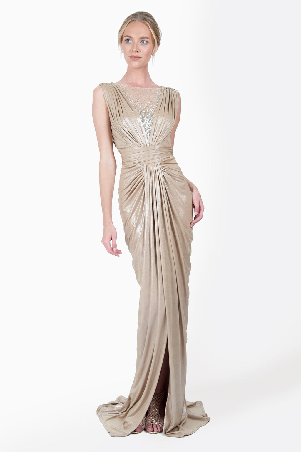 Metallic Jersey Draped Gown with Rhinestone Tulle Detail in Champagne