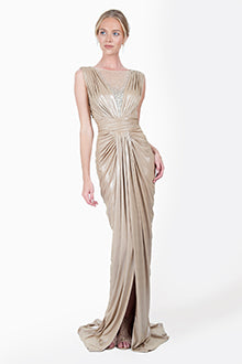 Metallic Jersey Draped Gown with Rhinestone Tulle Detail in Ice
