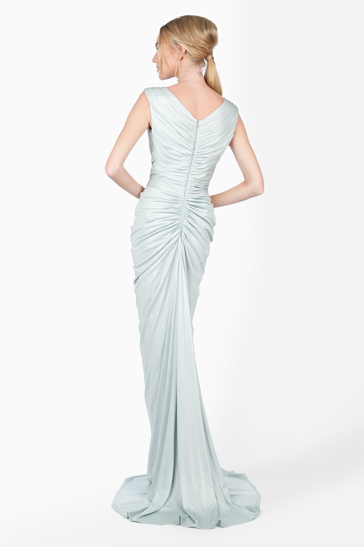 Metallic Jersey Draped Gown with Rhinestone Tulle Detail in Ice