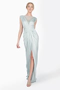 Metallic Jersey Draped Gown with Rhinestone Tulle Detail in Ice