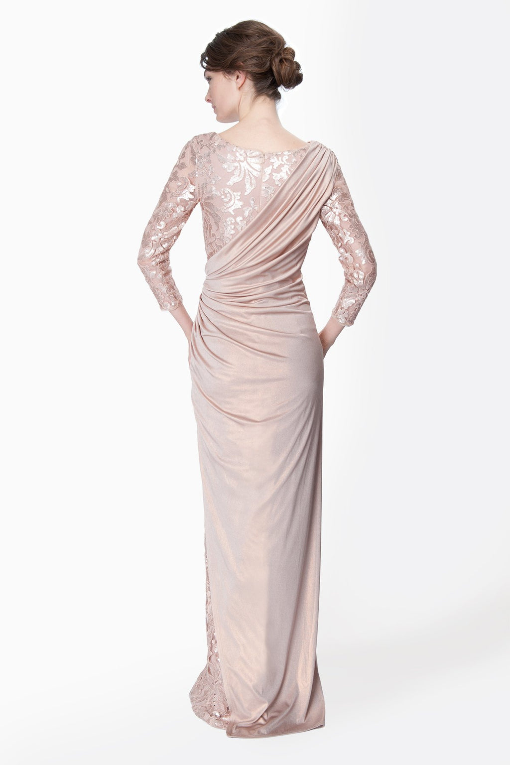 Metallic Jersey and Paillette Embroidered Lace ¾ Sleeve Gown in Rose Water