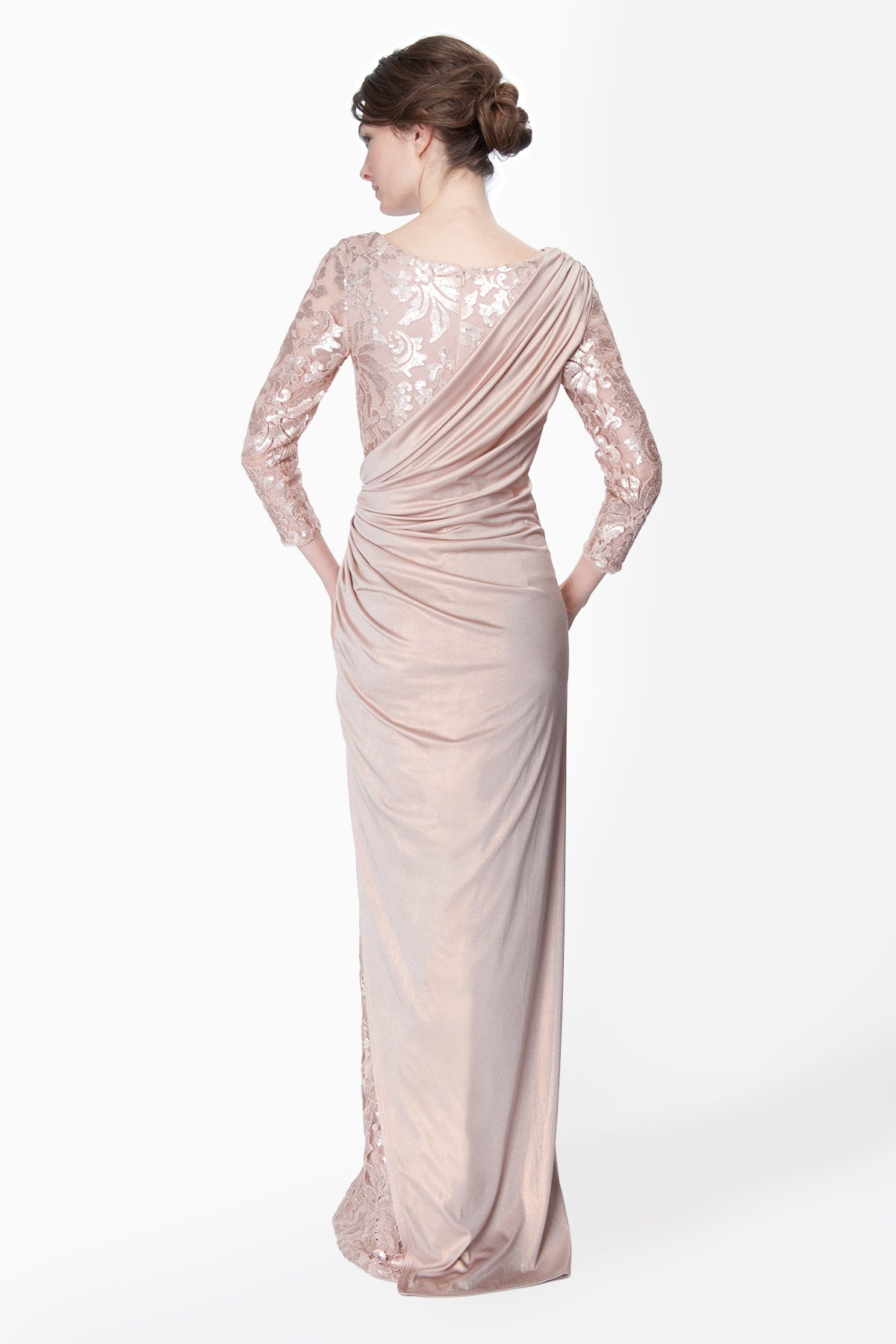 Metallic Jersey and Paillette Embroidered Lace ¾ Sleeve Gown in Rose Water