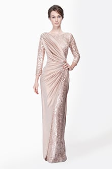 Metallic Jersey and Paillette Embroidered Lace ¾ Sleeve Gown in Rose Water