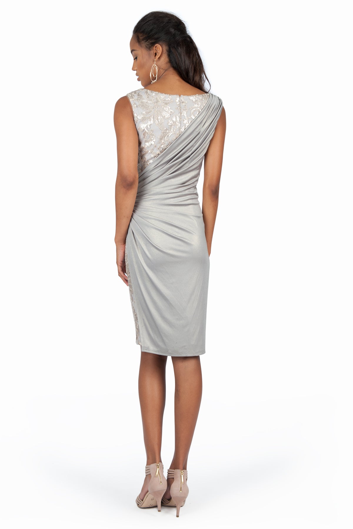 Metallic Jersey and Paillette Embroidered Lace Cocktail Dress in Brass
