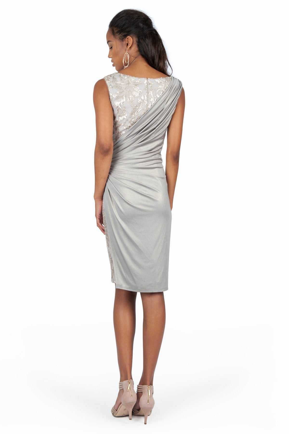 Metallic Jersey and Paillette Embroidered Lace Cocktail Dress in Brass