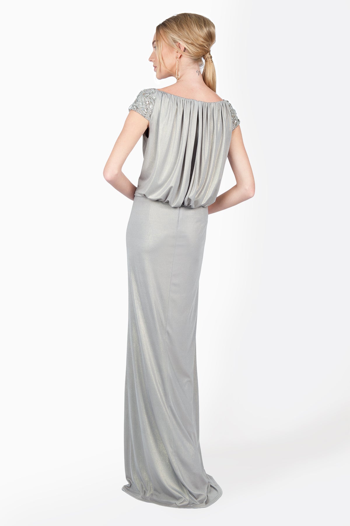 Metallic Jersey Blouson Gown with Embellished Cap Sleeves in Brass