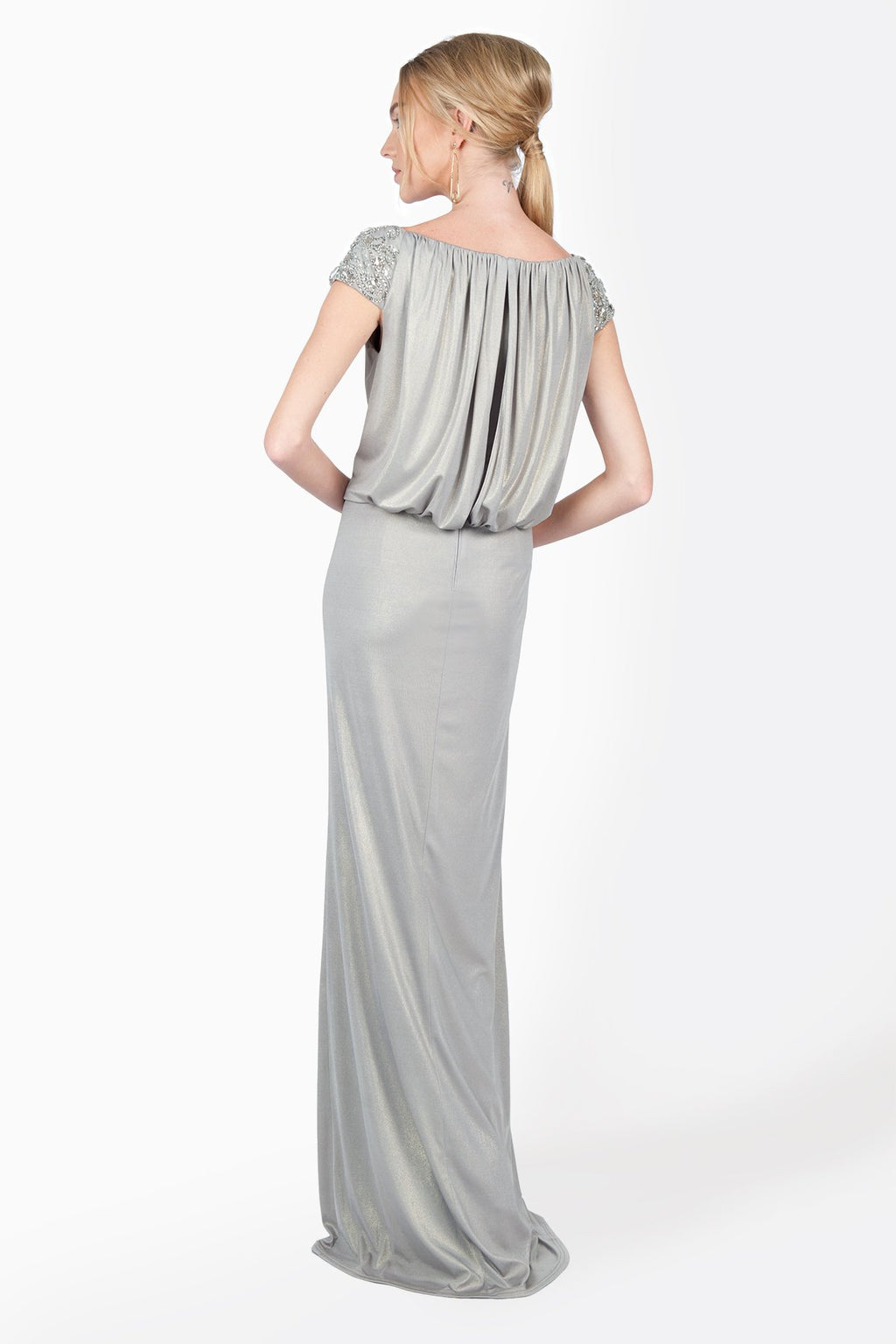 Metallic Jersey Blouson Gown with Embellished Cap Sleeves in Brass