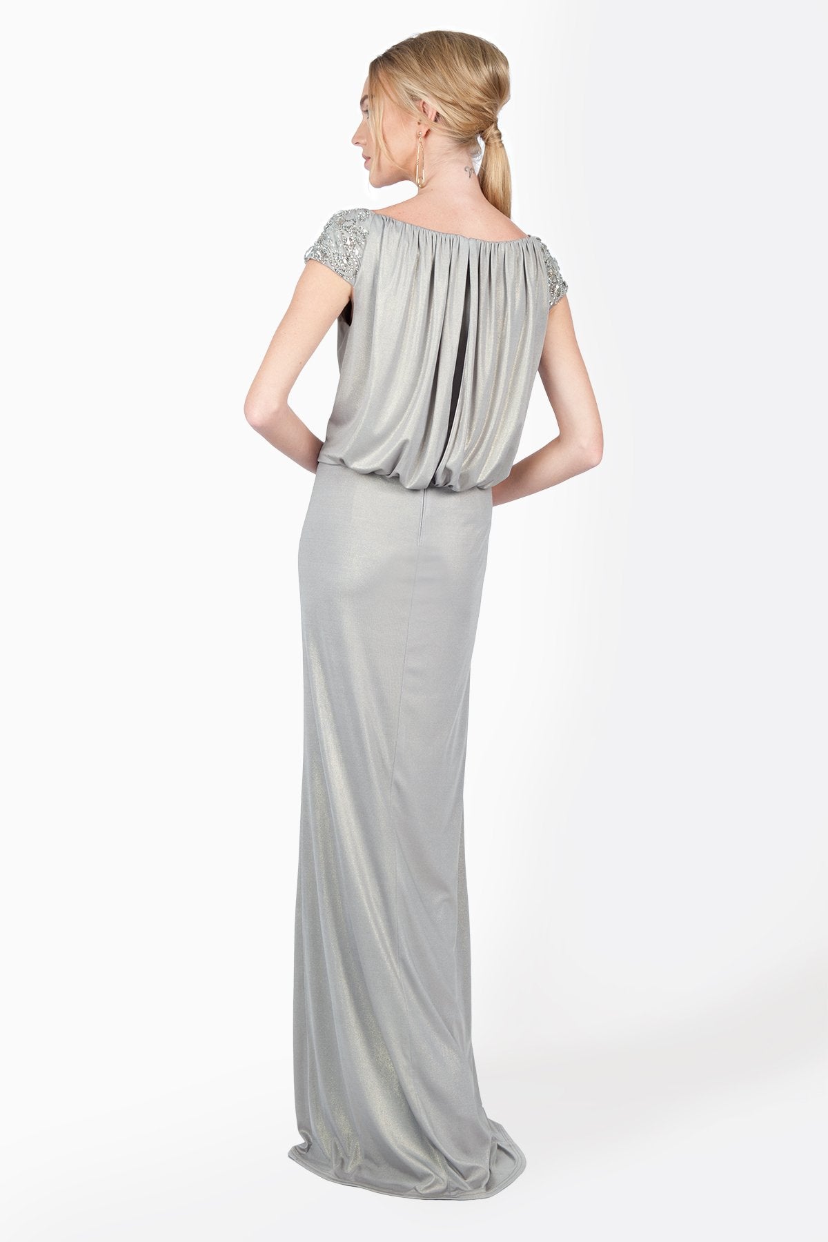 Metallic Jersey Blouson Gown with Embellished Cap Sleeves in Brass