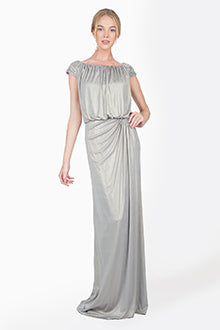 Metallic Jersey Blouson Gown with Embellished Cap Sleeves in Brass