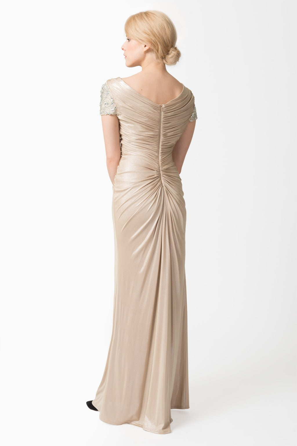 Metallic Jersey Draped Gown with Embellished Cap Sleeves in Champagne