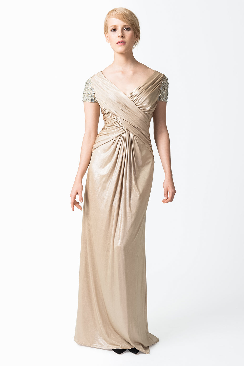 Metallic Jersey Draped Gown with Embellished Cap Sleeves in Champagne