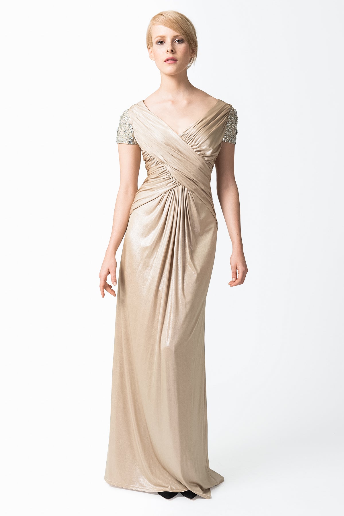 Metallic Jersey Draped Gown with Embellished Cap Sleeves in Champagne