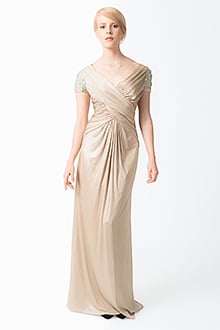 Metallic Jersey Draped Gown with Embellished Cap Sleeves in Champagne