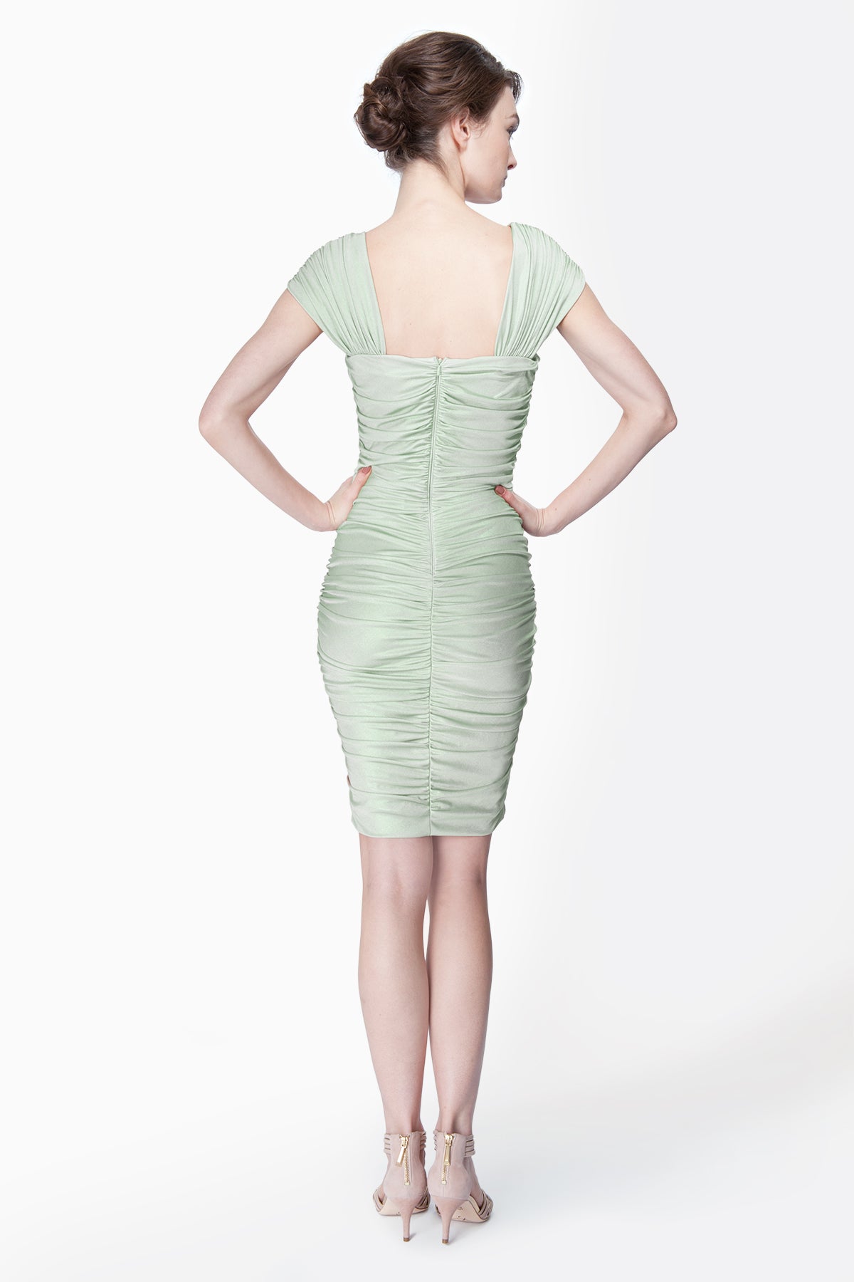 Metallic Jersey Ruched Cap Sleeve Dress with Beaded Detail in Celadon