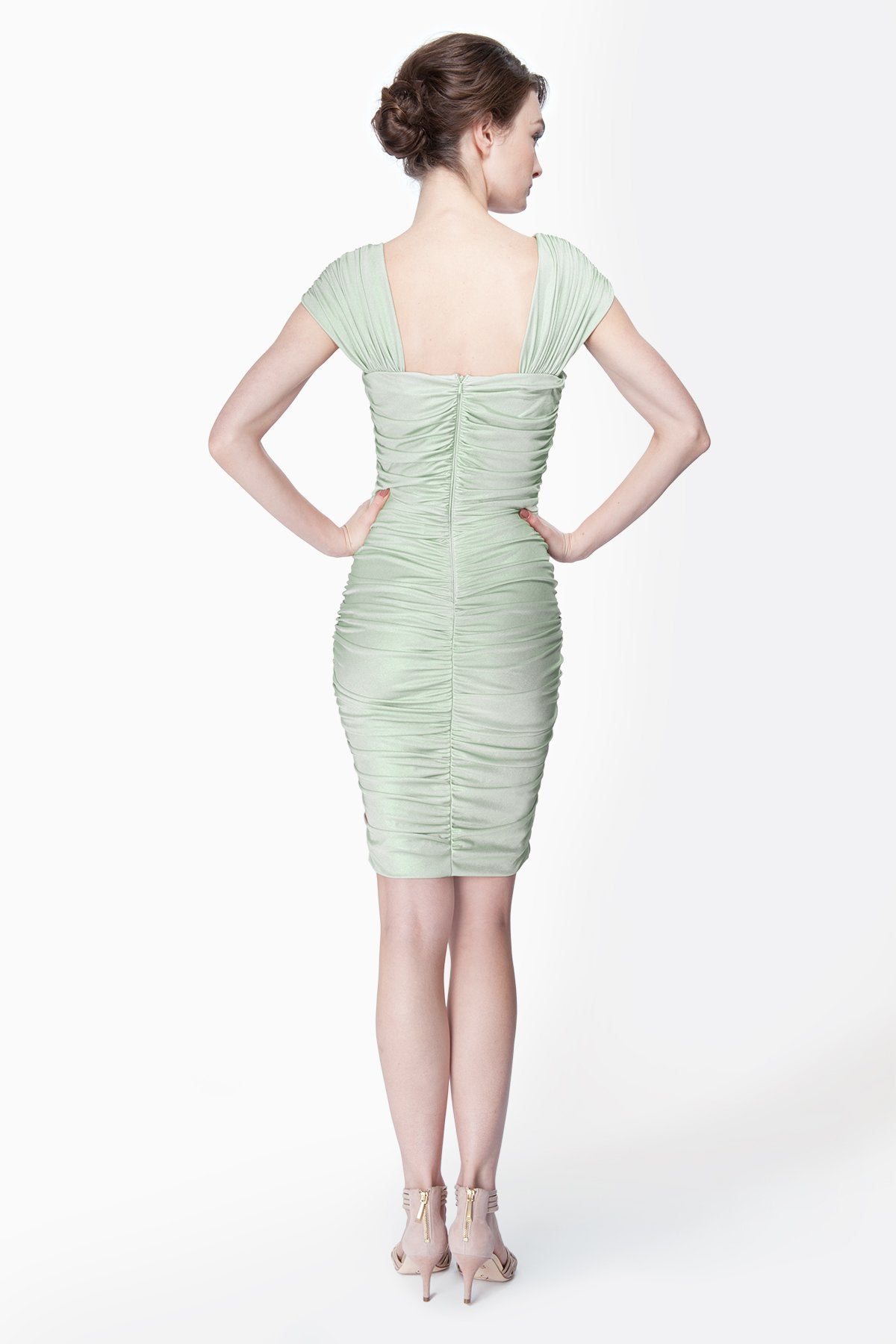 Metallic Jersey Ruched Cap Sleeve Dress with Beaded Detail in Celadon