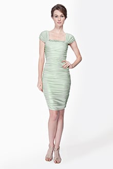 Metallic Jersey Ruched Cap Sleeve Dress with Beaded Detail in Celadon