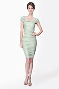 Metallic Jersey Ruched Cap Sleeve Dress with Beaded Detail in Celadon
