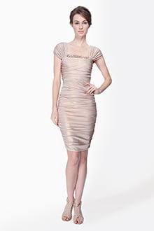 Metallic Jersey Ruched Cap Sleeve Dress with Beaded Detail in Rose Water