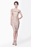 Metallic Jersey Ruched Cap Sleeve Dress with Beaded Detail in Rose Water