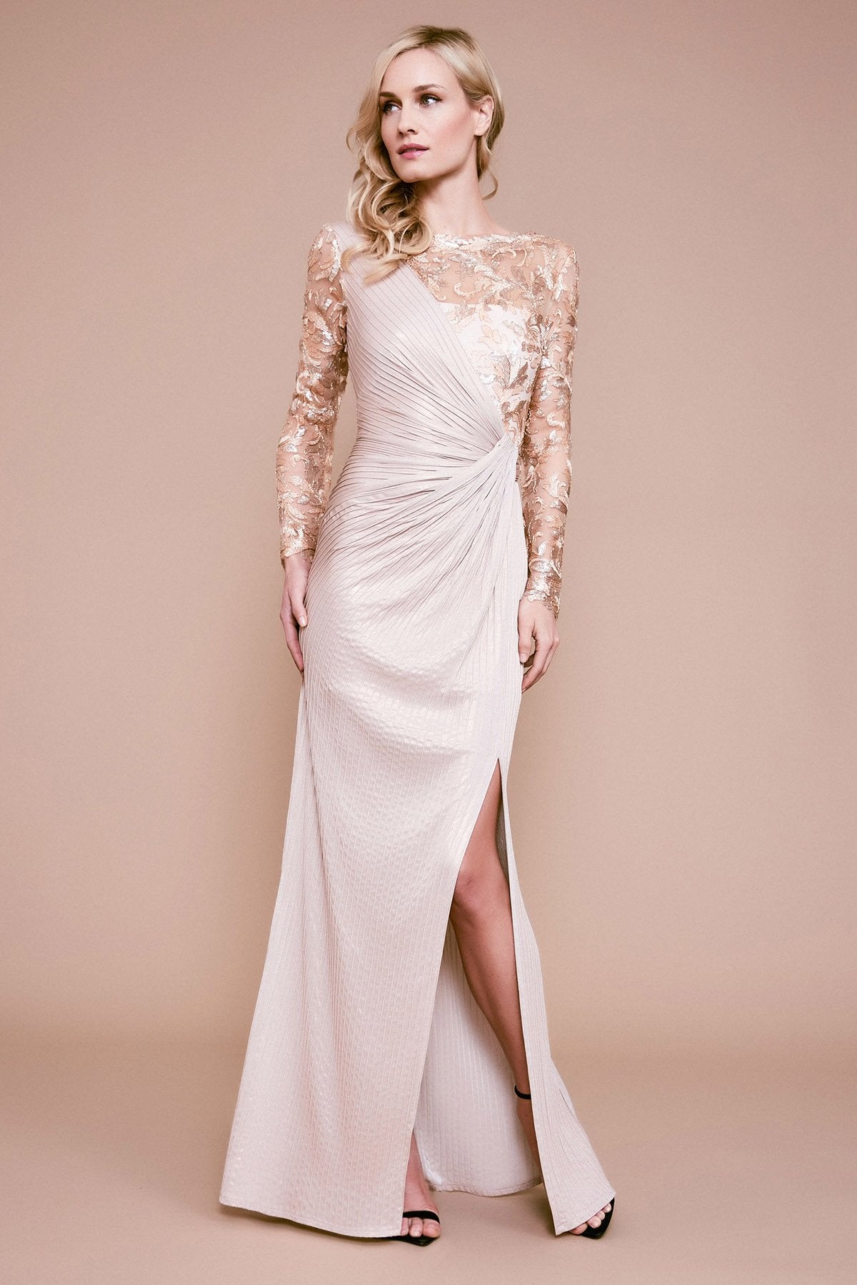 Tadashi Shoji - Taja Long-Sleeve Pintuck Sequin Gown