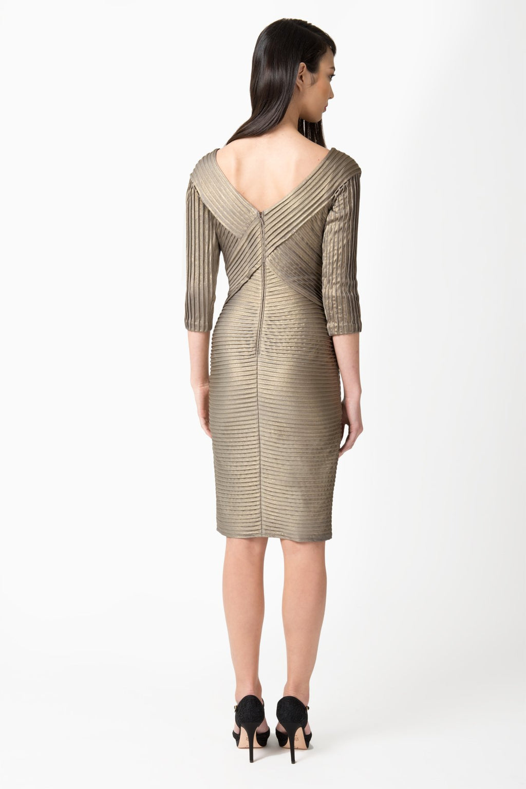 Pintuck Metallic Jersey Dress in Smoked Pearl