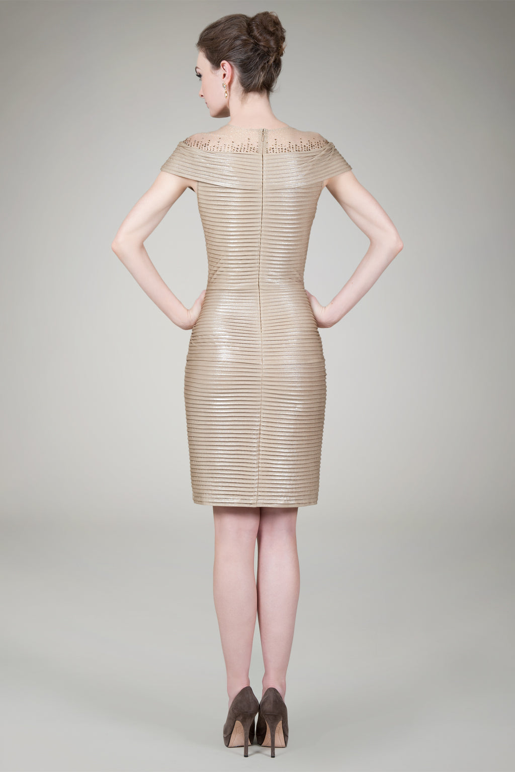 Pintuck Jersey Cocktail Dress in Champagne
