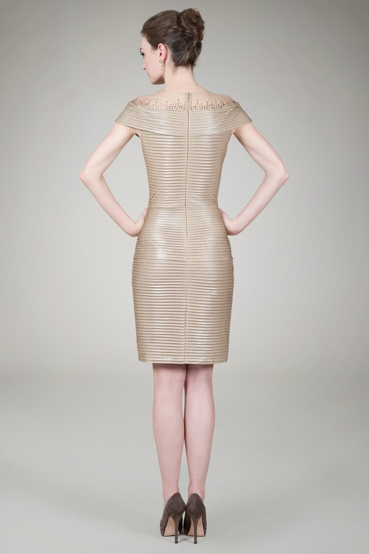 Pintuck Jersey Cocktail Dress in Champagne