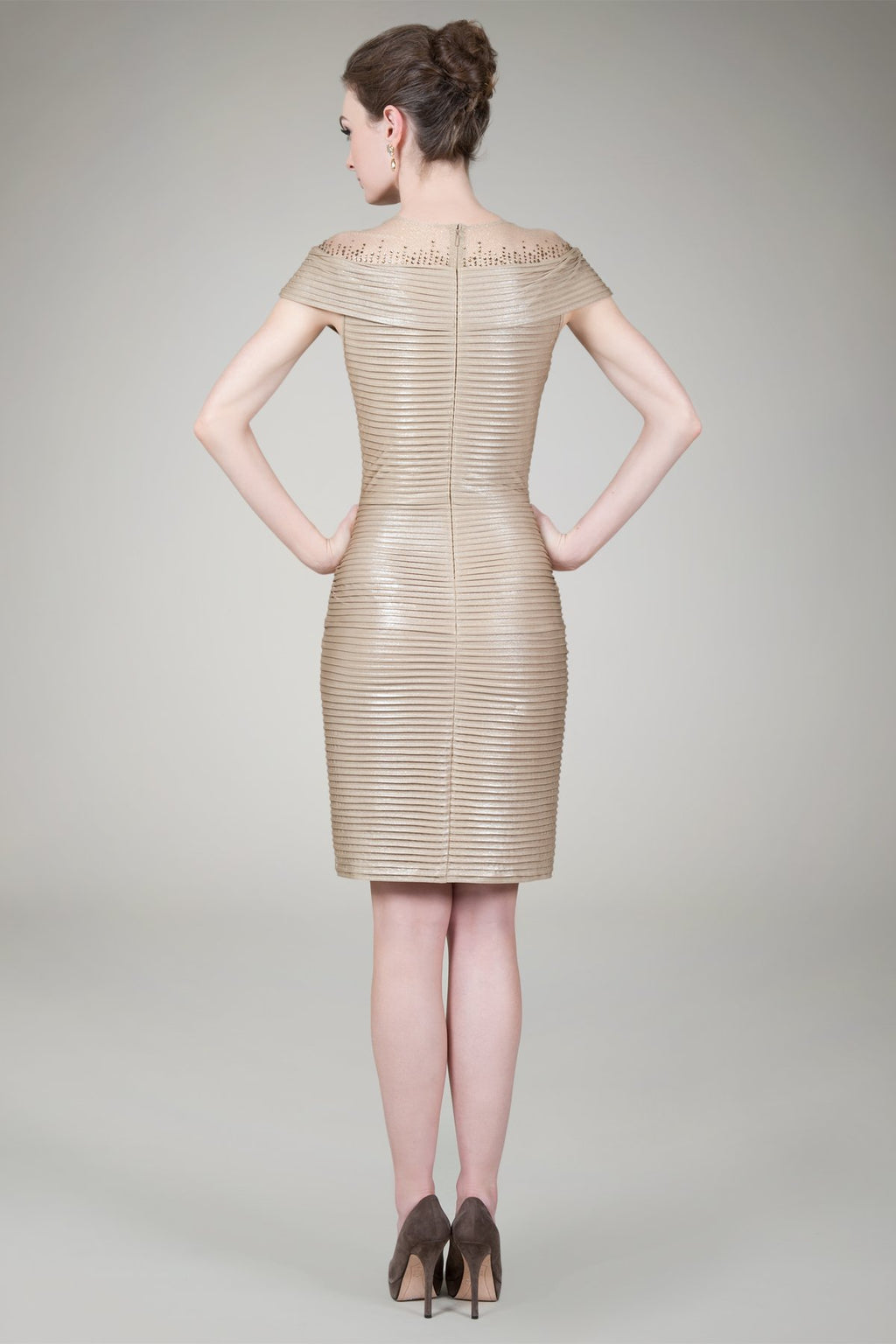 Pintuck Jersey Cocktail Dress in Champagne