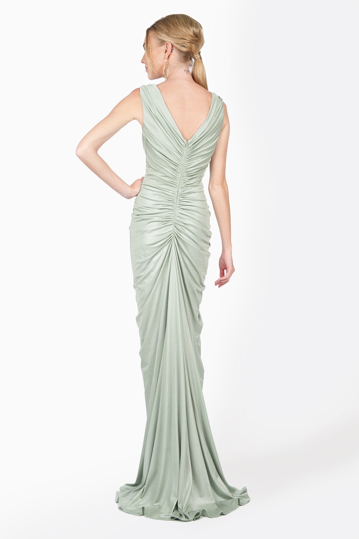 Metallic Jersey Draped V-Neck Gown in Celadon