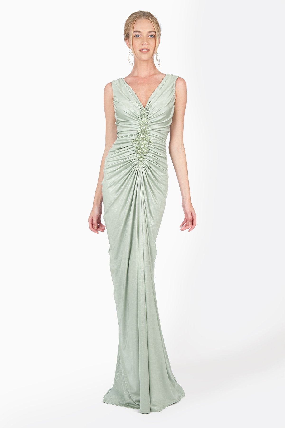 Metallic Jersey Draped V-Neck Gown in Celadon