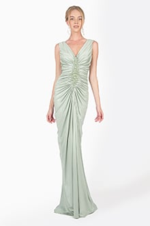 Metallic Jersey Draped V-Neck Gown in Celadon