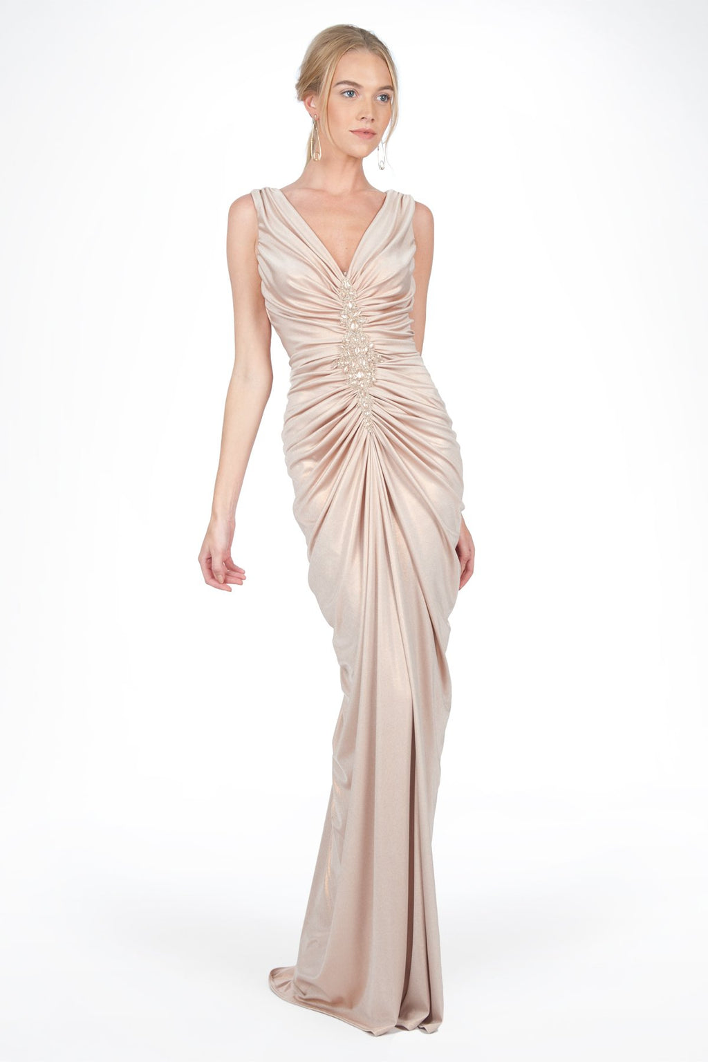 Metallic Jersey Draped V-Neck Gown in Rose Water