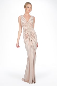 Metallic Jersey Draped V-Neck Gown in Rose Water