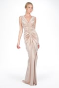 Metallic Jersey Draped V-Neck Gown in Rose Water