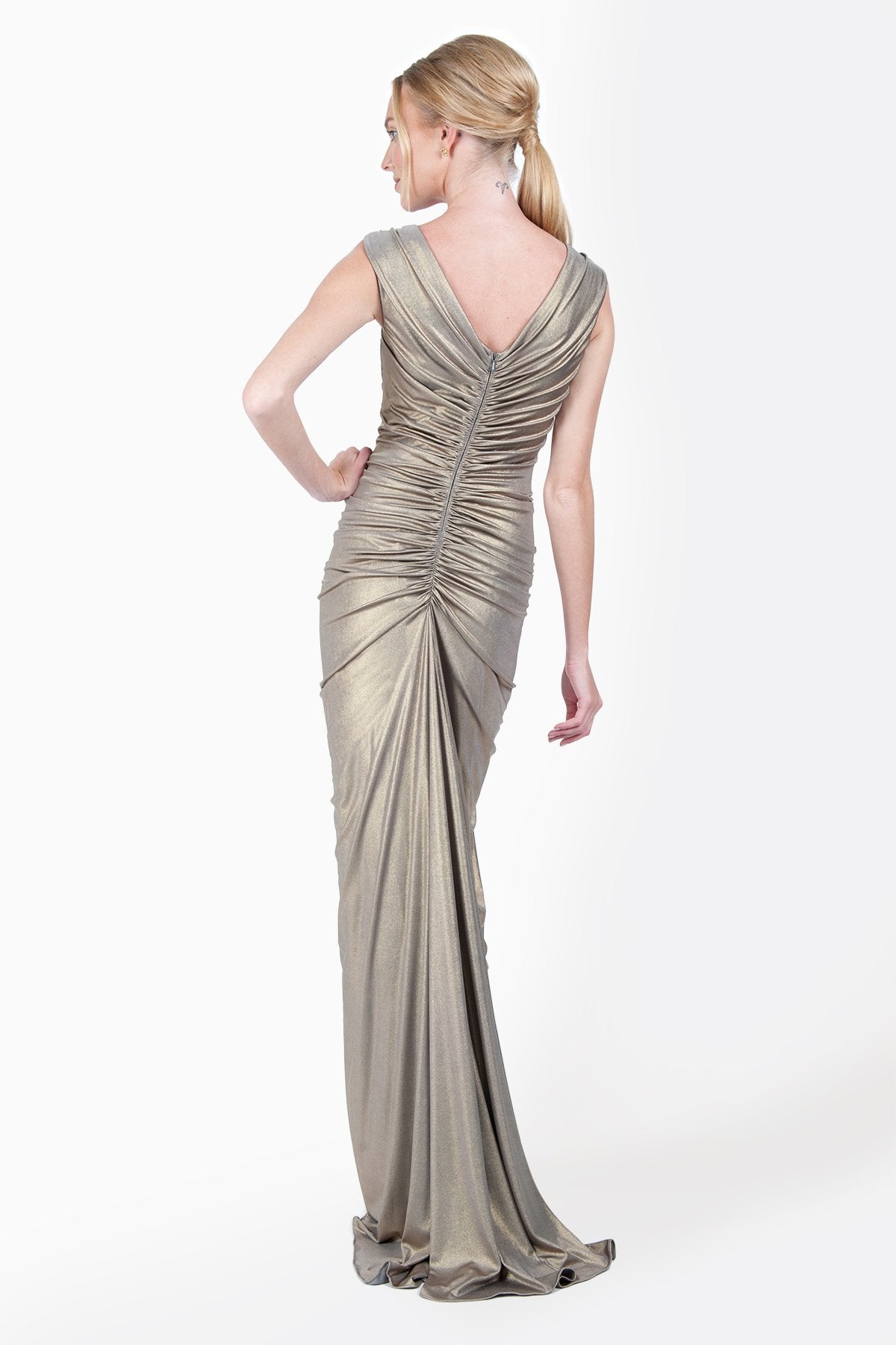Metallic Jersey Draped V-Neck Gown in Smoke Pearl