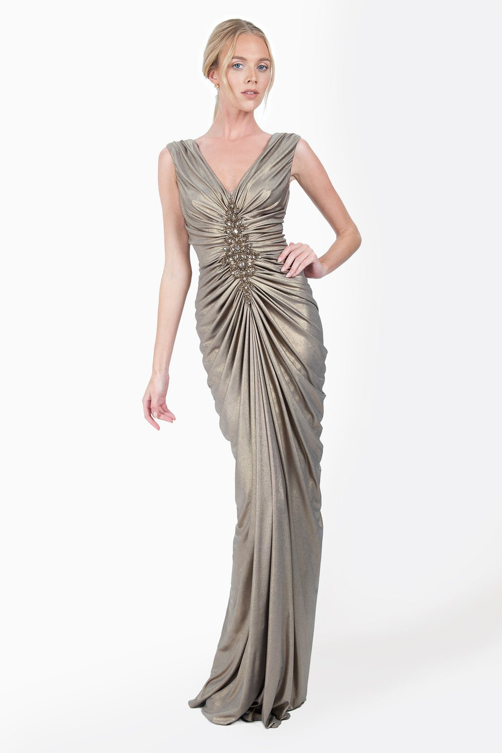 Metallic Jersey Draped V-Neck Gown in Smoke Pearl